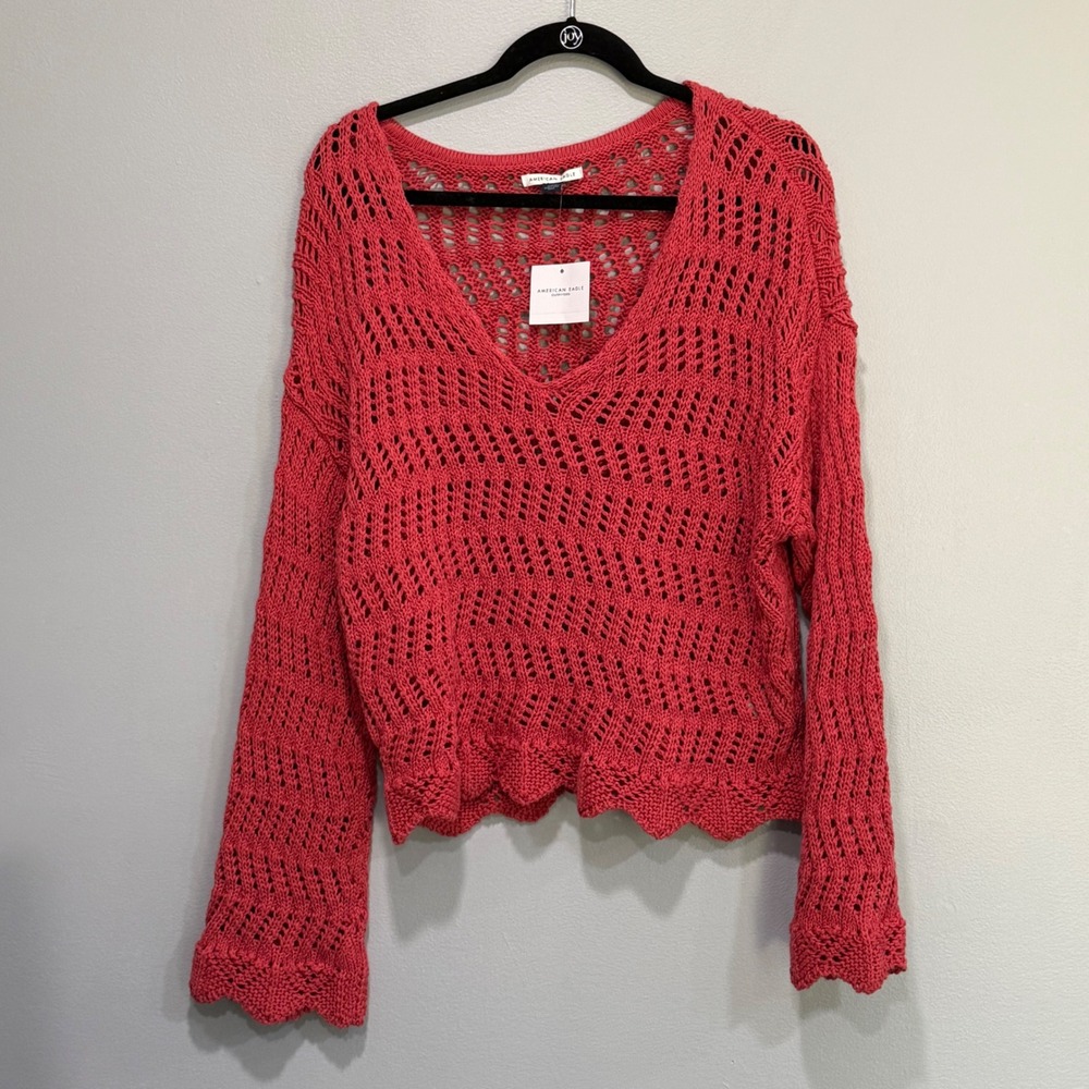 American Eagle Women M Coral Pink Crochet Open Knit V-Neck boho Sweater‎ NEW - Picture 4 of 7